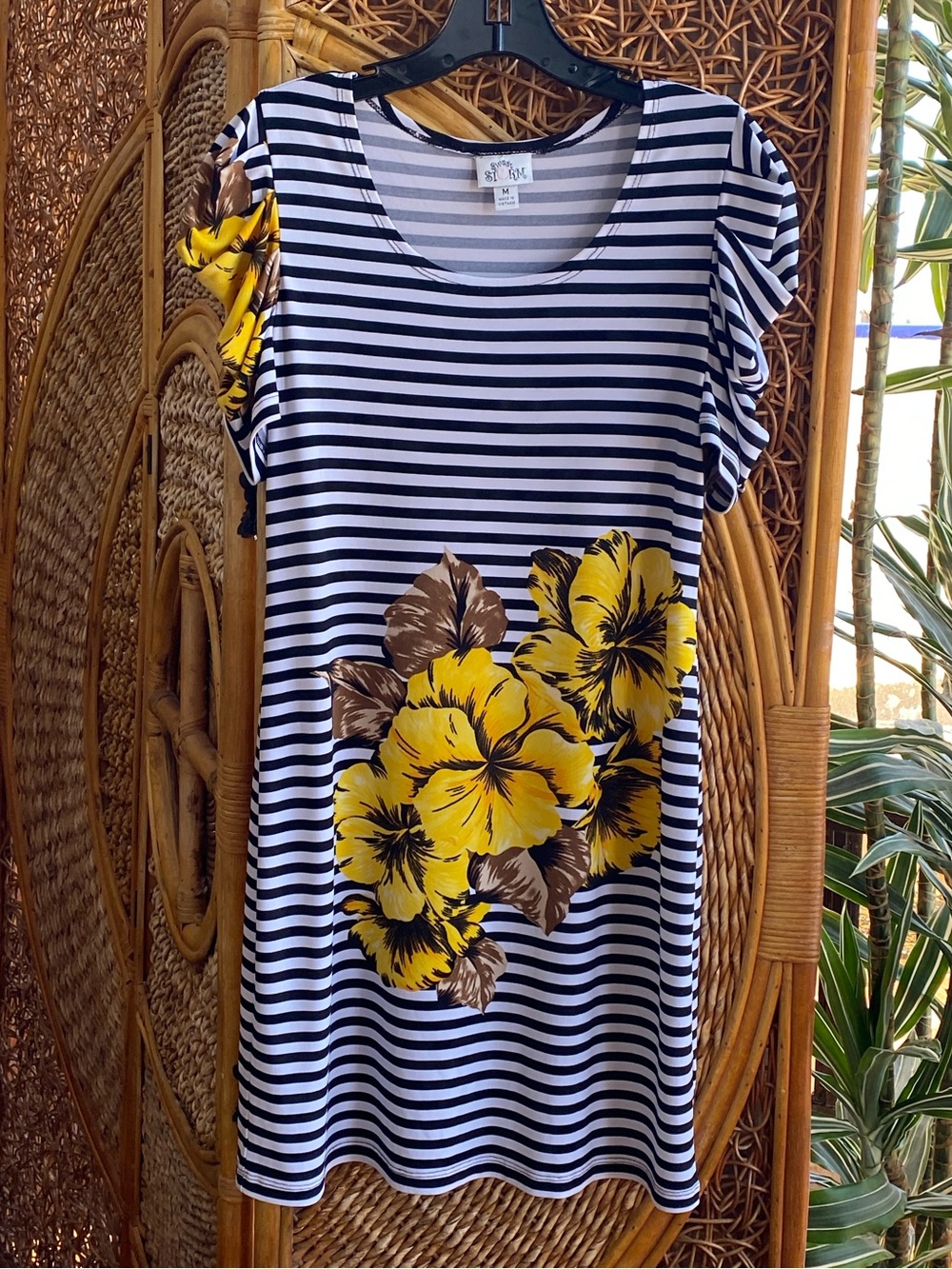 Sweet Storm Black & White Striped Mini Dress with Yellow Floral Print